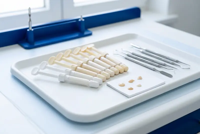 Resinas compuestas en distintos tonos e instrumentos de modelado para carillas de resina