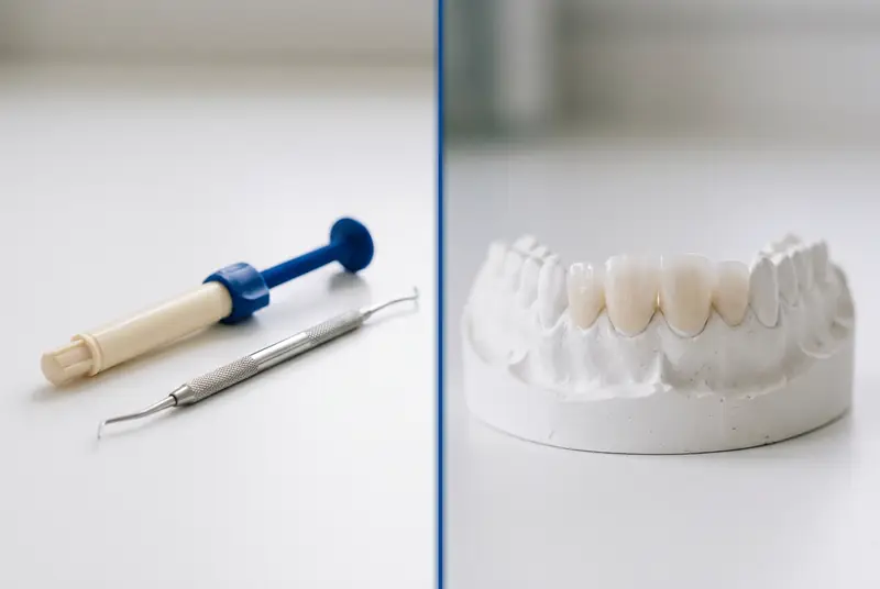 Comparación lado a lado: jeringa de resina compuesta frente a carillas de porcelana sobre un modelo dental
