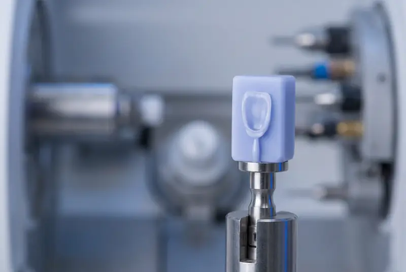 Bloque de cerámica de disilicato de litio fresado por CAD/CAM con la forma de una carilla, en un laboratorio dental