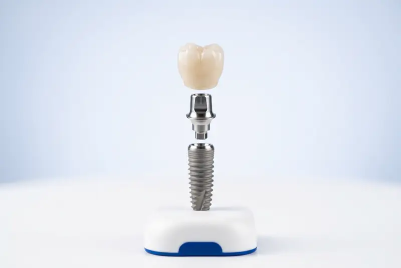 Modelo de un implante dental de titanio con su pilar y su corona cerámica