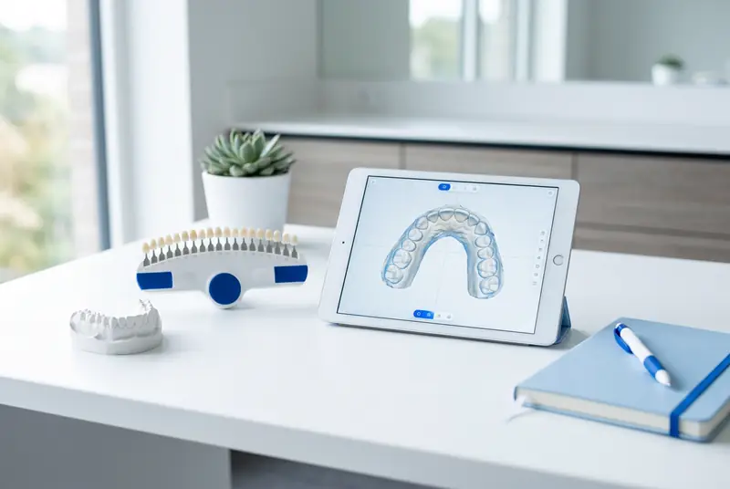 Escritorio de planificación con un modelo dental, una guía de color y una tableta con el escaneo 3D de una sonrisa
