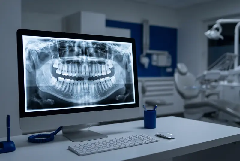 Radiografía panorámica digital en un monitor, usada para revisar raíces y hueso antes de un tratamiento estético