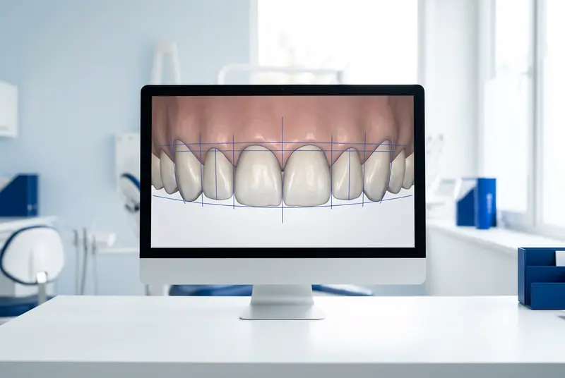 Monitor con software de diseño de sonrisa digital mostrando las proporciones y el contorno de los dientes superiores